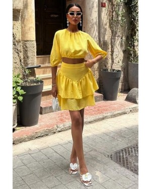 طقم بلوزة قصيرة وتنورة متعددة الطبقات 10207