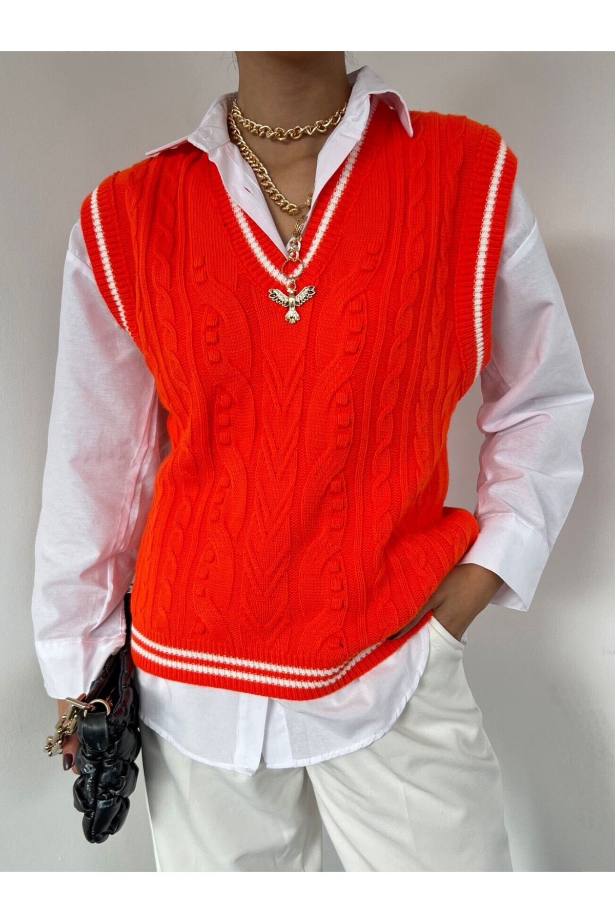 Striped Winter V-Neck Sweater -Orange
