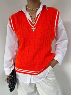 Şeritli Kışlık V Yaka Süveter -Turuncu