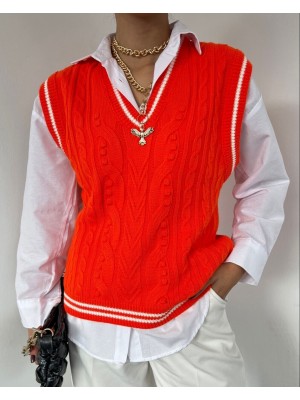 Şeritli Kışlık V Yaka Süveter -Turuncu
