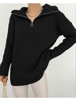 Yarım Fermuarlı Boğazlı Kışlık Triko Kazak -Siyah
