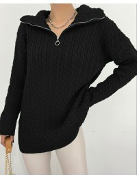 Yarım Fermuarlı Boğazlı Kışlık Triko Kazak -Siyah