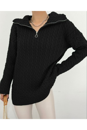 Yarım Fermuarlı Boğazlı Kışlık Triko Kazak -Siyah