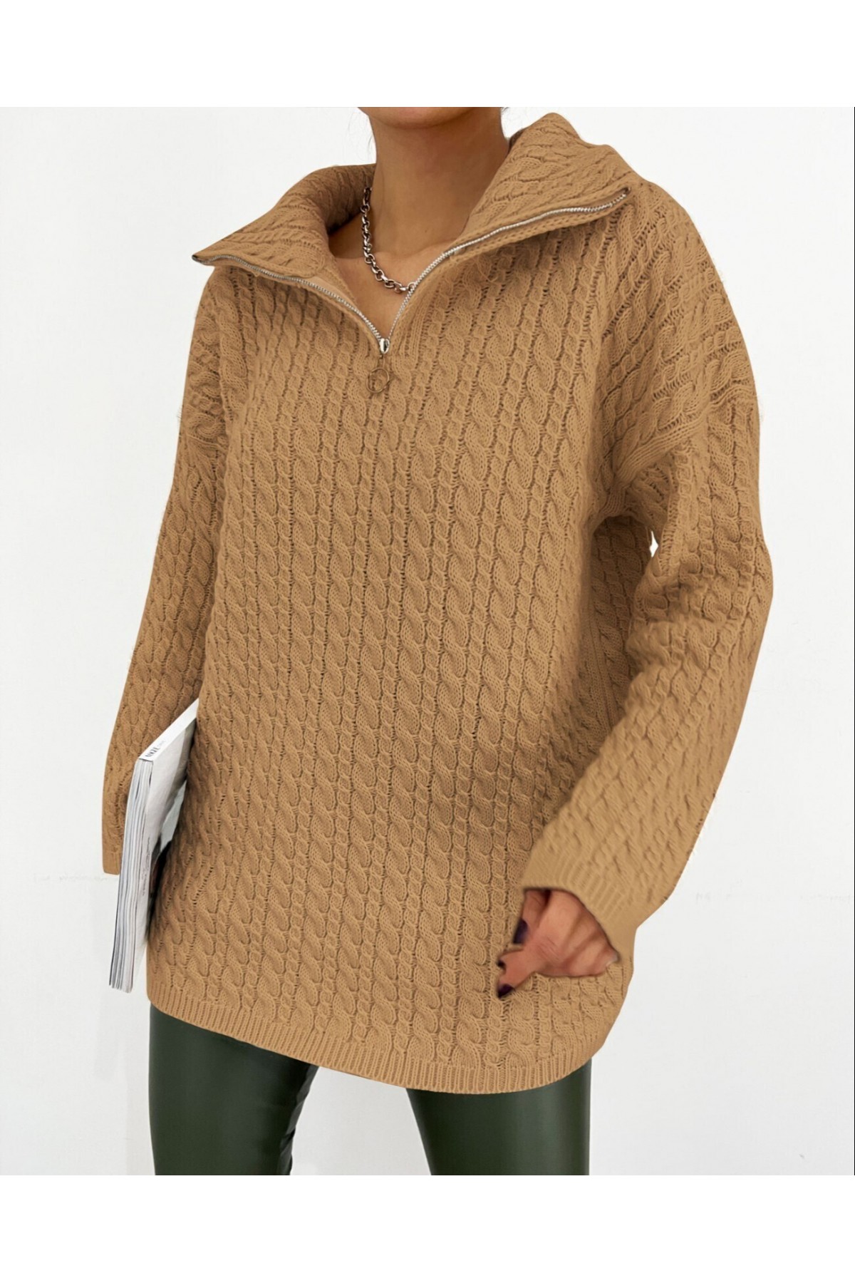 Half Zipper Turtleneck Winter Knitwear Sweater -Mink color