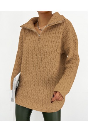 سترة تريكو شتوية بياقة مدورة وسحاب نصف -تدرجات البيج