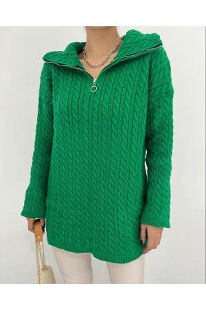 سترة تريكو شتوية بياقة مدورة وسحاب نصف -زمرد