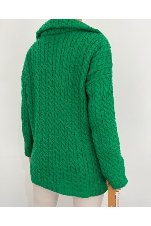 سترة تريكو شتوية بياقة مدورة وسحاب نصف -زمرد