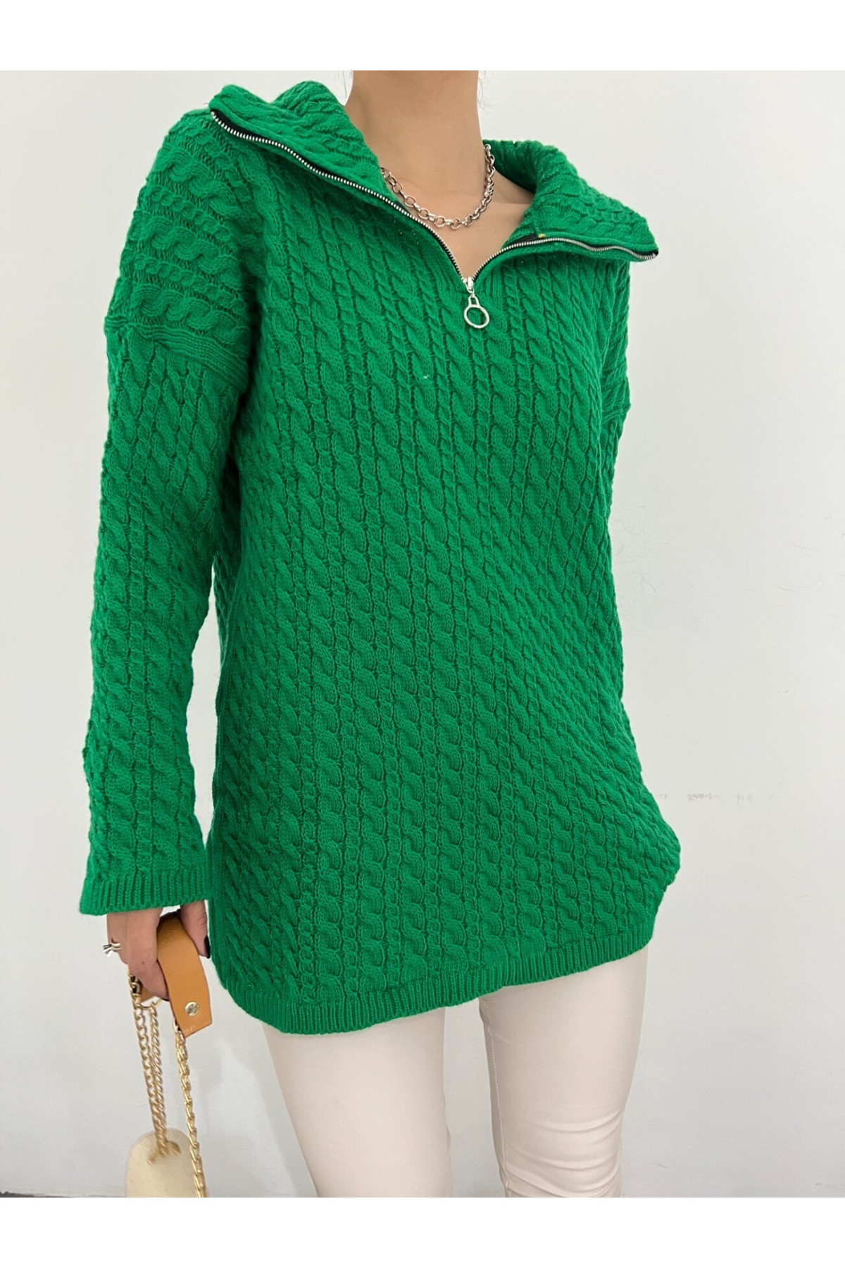 Half Zipper Turtleneck Winter Knitwear Sweater -Emerald