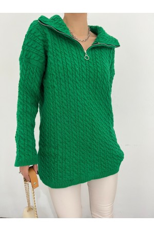 سترة تريكو شتوية بياقة مدورة وسحاب نصف -زمرد
