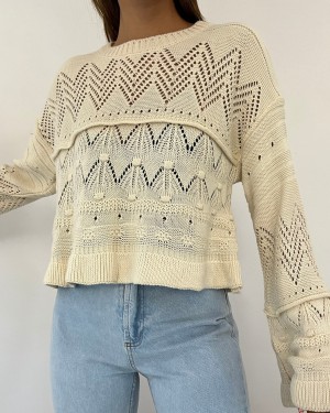 Openwork Pompom Long Sleeve Knitwear Sweater -Ecru