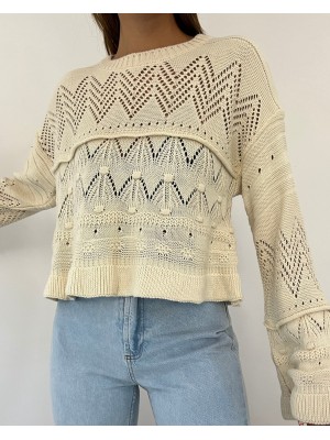 Ajurlu Ponponlu Uzun Kol Triko Kazak -Ekru