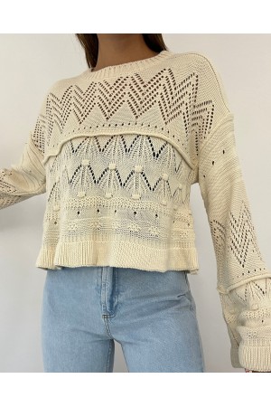 Openwork Pompom Long Sleeve Knitwear Sweater -Ecru