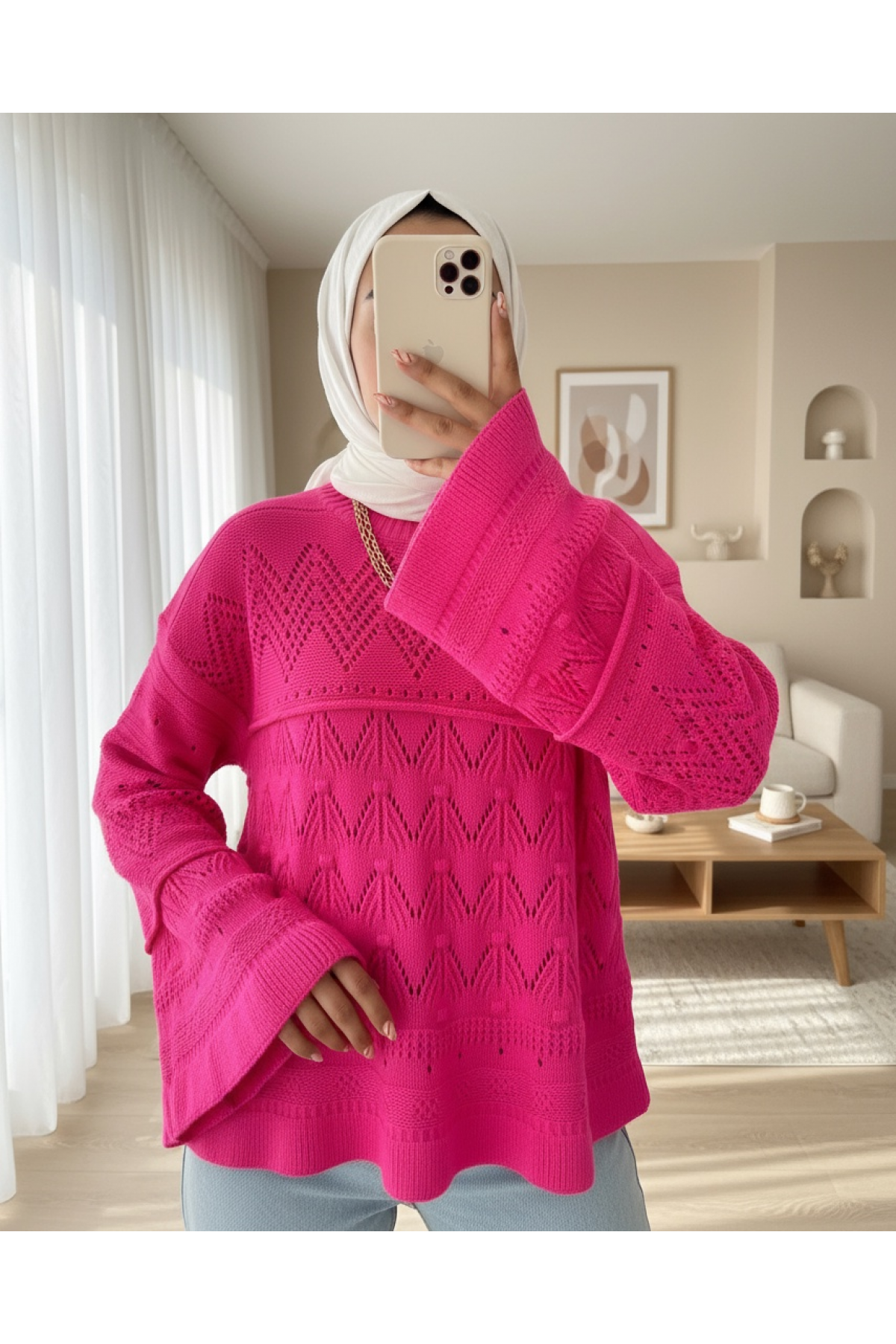 Openwork Pompom Long Sleeve Knitwear Sweater -Fuchsia