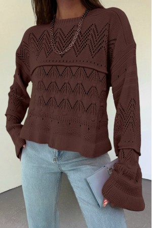 Openwork Pompom Long Sleeve Knitwear Sweater -Brown