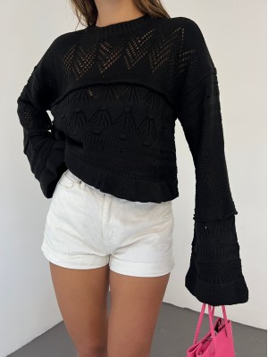 Openwork Pompom Long Sleeve Knitwear Sweater -Black