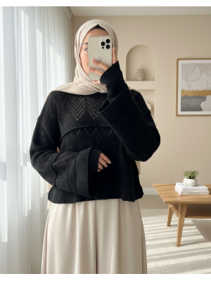 Openwork Pompom Long Sleeve Knitwear Sweater -Black