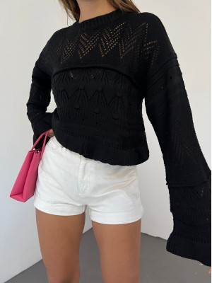 Openwork Pompom Long Sleeve Knitwear Sweater -Black