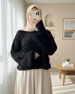 Openwork Pompom Long Sleeve Knitwear Sweater -Black