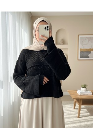 Openwork Pompom Long Sleeve Knitwear Sweater -Black