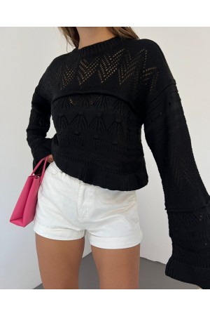 Ajurlu Ponponlu Uzun Kol Triko Kazak -Siyah
