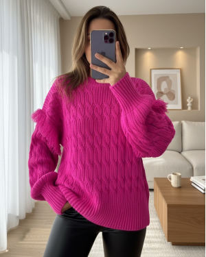Balloon Sleeve Tassel Knitwear Sweater -Fuchsia