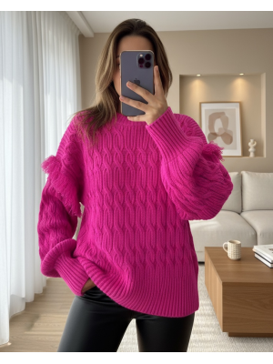 Balon Kol Püsküllü Triko Kazak -Fuşya