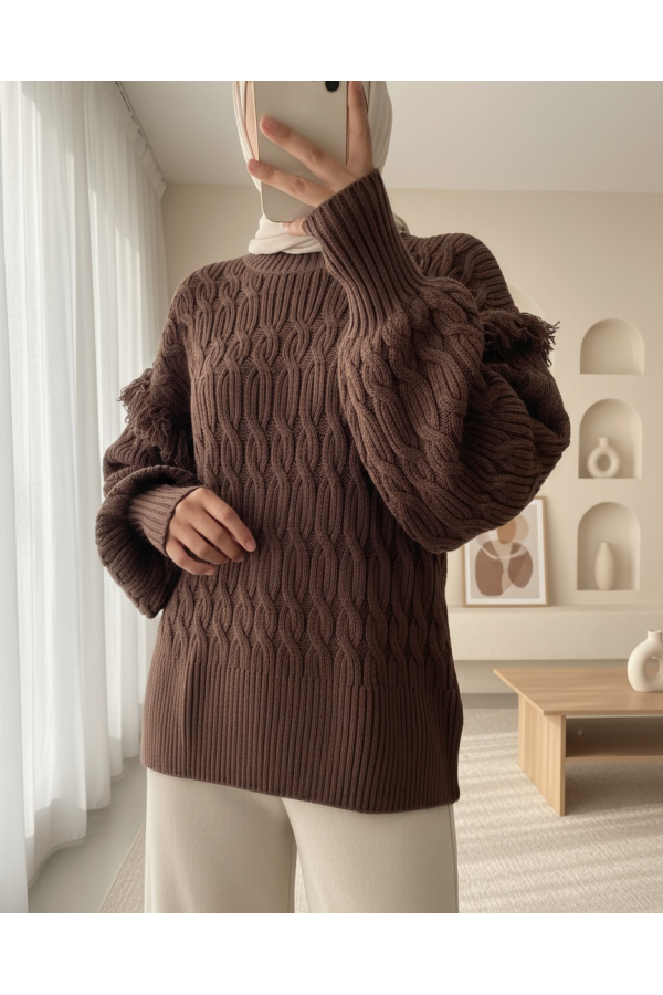 Balloon Sleeve Tassel Knitwear Sweater -Brown