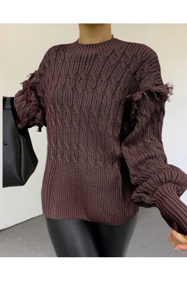 Balloon Sleeve Tassel Knitwear Sweater -Brown