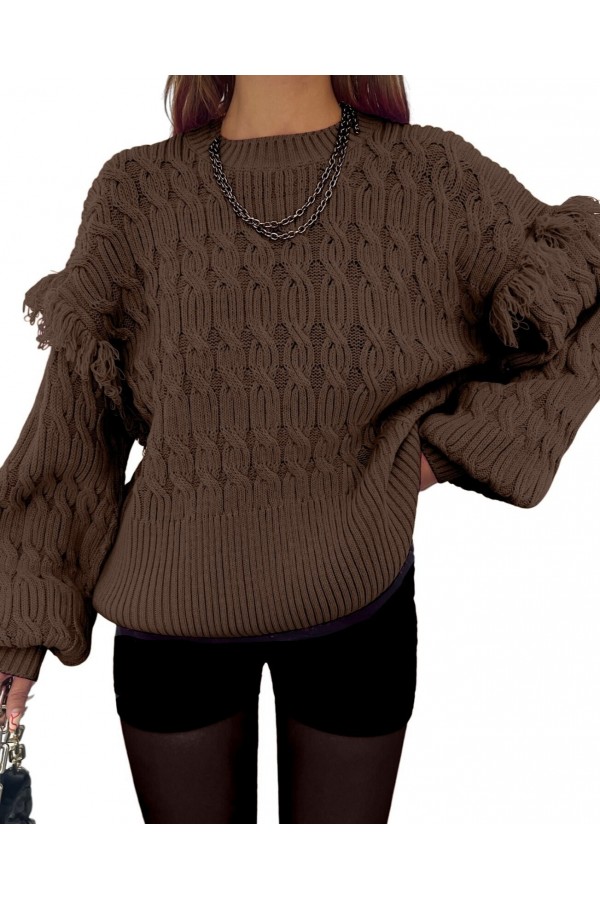 Balloon Sleeve Tassel Knitwear Sweater -Brown