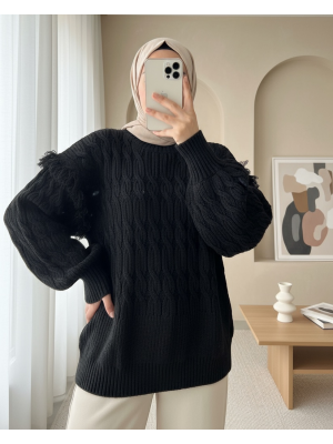 Balon Kol Püsküllü Triko Kazak -Siyah