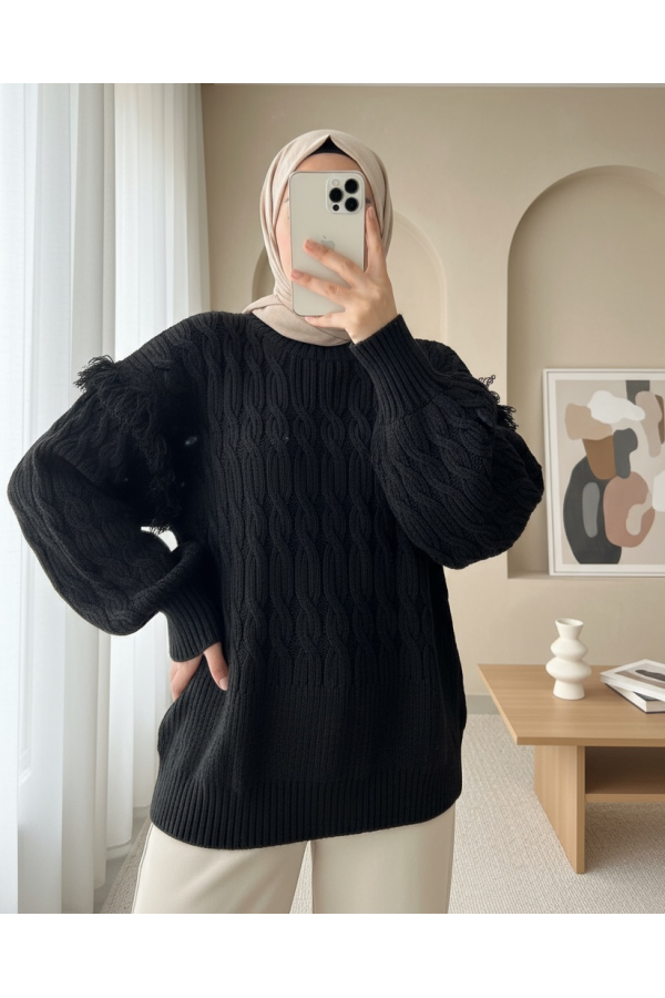 Balloon Sleeve Tassel Knitwear Sweater -Black