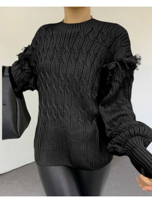 Balon Kol Püsküllü Triko Kazak -Siyah