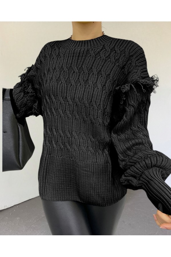 Balloon Sleeve Tassel Knitwear Sweater -Black