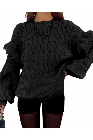 Balon Kol Püsküllü Triko Kazak -Siyah