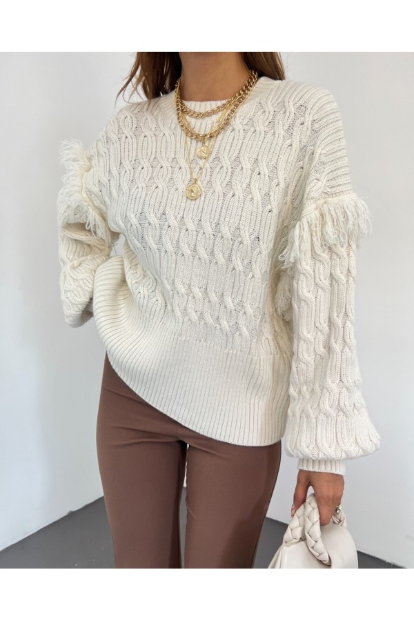 Balloon Sleeve Tassel Knitwear Sweater -Stone