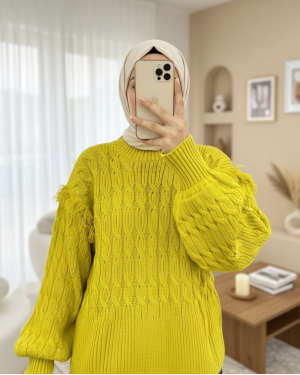 Balloon Sleeve Tassel Knitwear Sweater -Oil Green