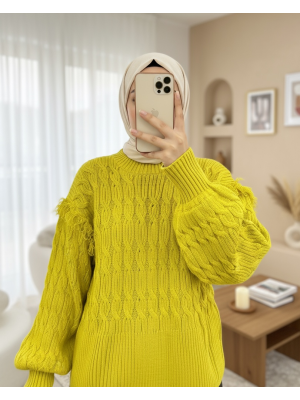 Balon Kol Püsküllü Triko Kazak -Yağ Yeşili