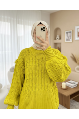 Balloon Sleeve Tassel Knitwear Sweater -Oil Green