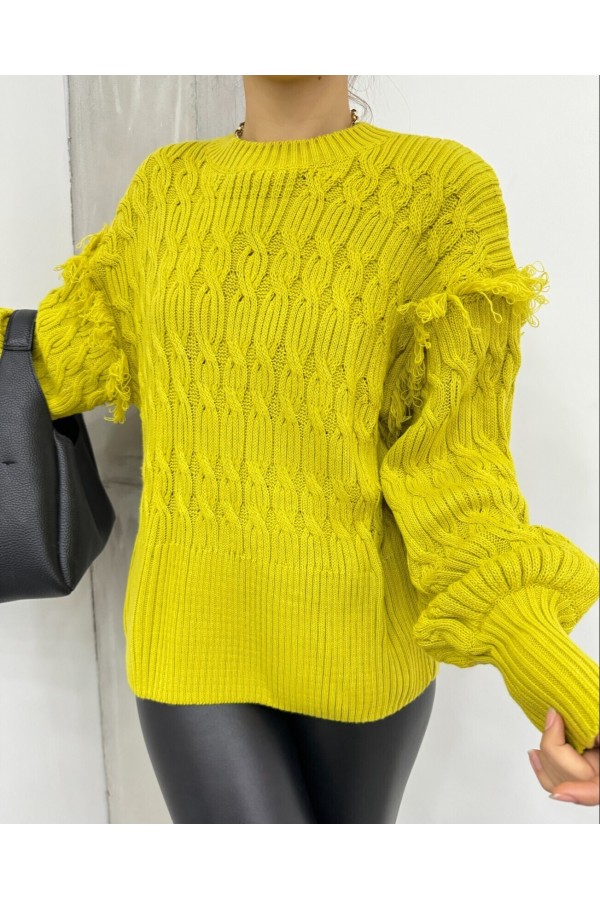 Balloon Sleeve Tassel Knitwear Sweater -Oil Green