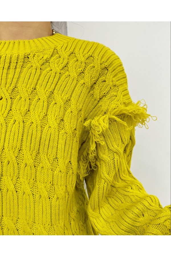 Balloon Sleeve Tassel Knitwear Sweater -Oil Green