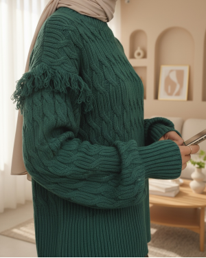 Balloon Sleeve Tassel Knitwear Sweater -Emerald