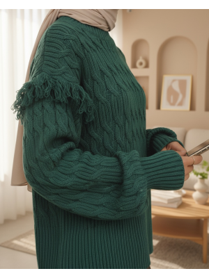 Balon Kol Püsküllü Triko Kazak -Zümrüt