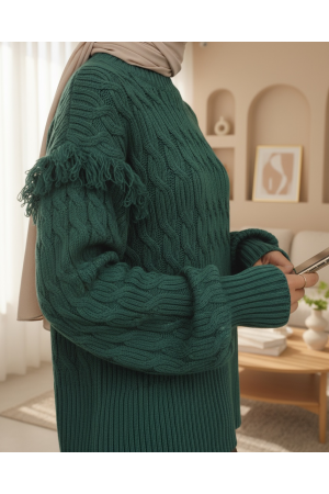 Balloon Sleeve Tassel Knitwear Sweater -Emerald