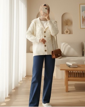 Pompom Shawl Collar Knitwear Cardigan -Ecru