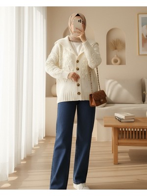 Ponponlu Şal Yaka Triko Hırka -Ekru