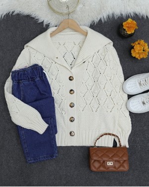 Pompom Shawl Collar Knitwear Cardigan -Ecru