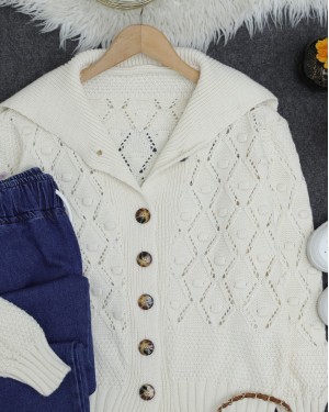 Pompom Shawl Collar Knitwear Cardigan -Ecru