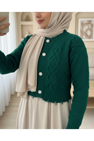 Taş Düğmeli Yırtıklı Krop Hırka -Zümrüt