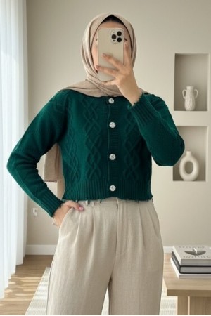 Taş Düğmeli Yırtıklı Krop Hırka -Zümrüt