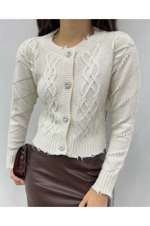 Taş Düğmeli Yırtıklı Krop Hırka  -Bej